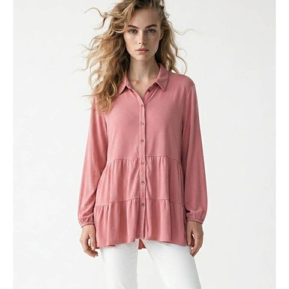 New Directions Button Front Pink Tunic Plus Size 2X Viscose Blend Long Sleeve